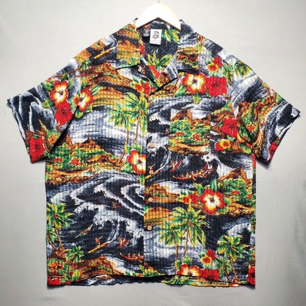 VTG Kennington Hawaiian Shirt Men XL Old Man Lei Logo Tropical Surf Hibiscus